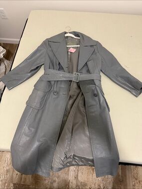 Gray Real Leather Trench Coat with Belt